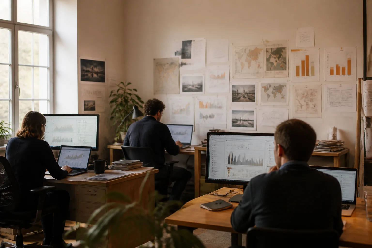 The PlayObserve newsroom — analysts at their desks reviewing funding dashboards and printed charts